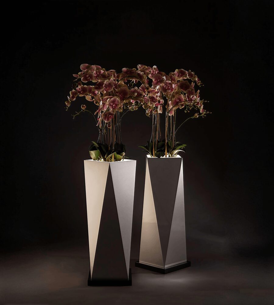 Octagonal inspired planter with a silver metallic finish 1