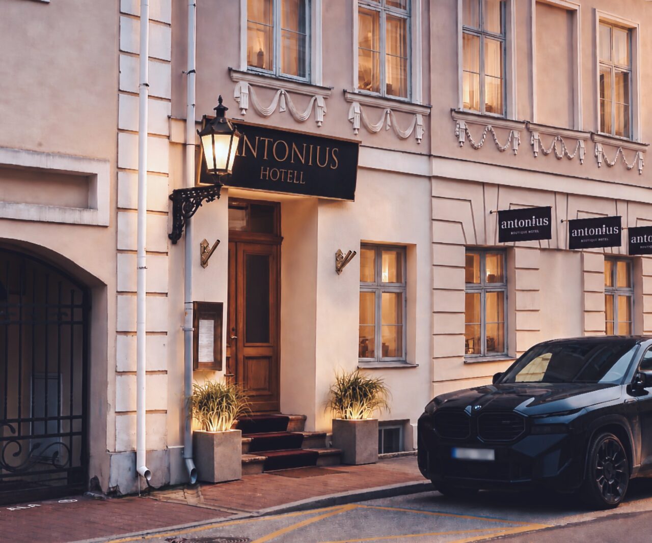 Atelier Petra limestone planters at the entrance to Antonius Boutique Hotel in Tartu
